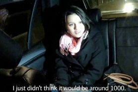 Hot brunette in pink bra fucking in fake taxi