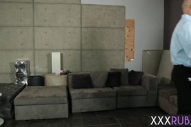 Wet MILF fucks two perverted workers after massage