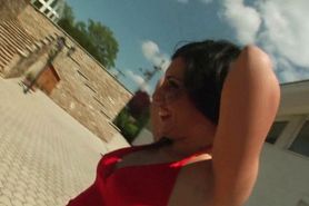 Hot ass brunette mouth fucking hungry shaft by the pool
