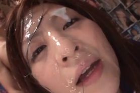 Asian teen nymph gets face covered with messy jizz