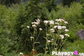 Happy blonde model shows slim body in photo session